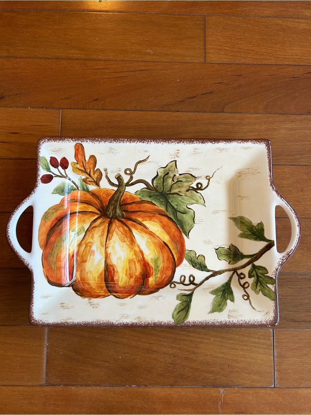 Pumpkin Fall Leaves Thanksgiving Serving Platter Ceramic New 14 3/4” With Handle